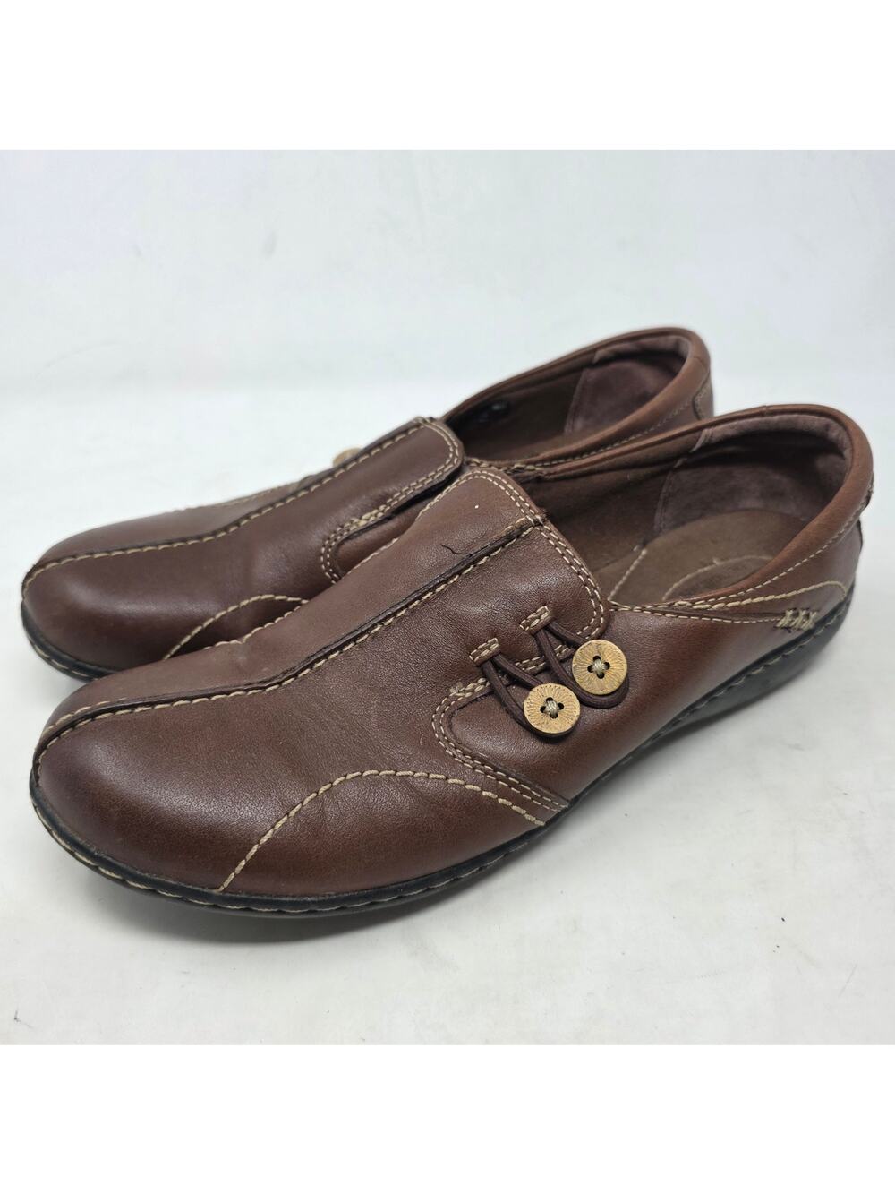 Clarks Brown Leather Slip-On Comfort Shoes Womens Size 10